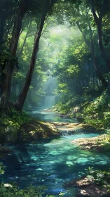 Misty Forest Stream with Waterfalls and Lush Canopy.
