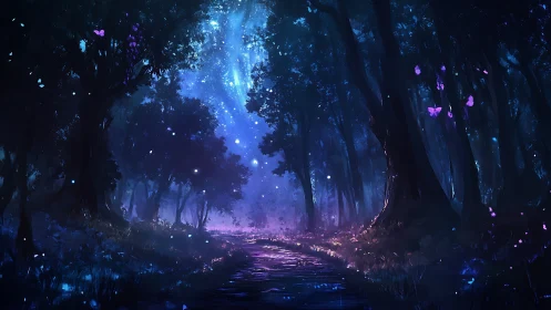 Enchanted Forest Path Glowing With Bioluminescent Butterflies