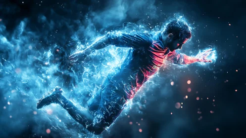 Electric sprinting footballer amid explosive neon energy field.