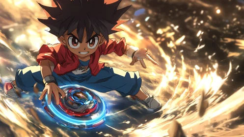 Anime blader unleashes spinning energy storm in battle arena