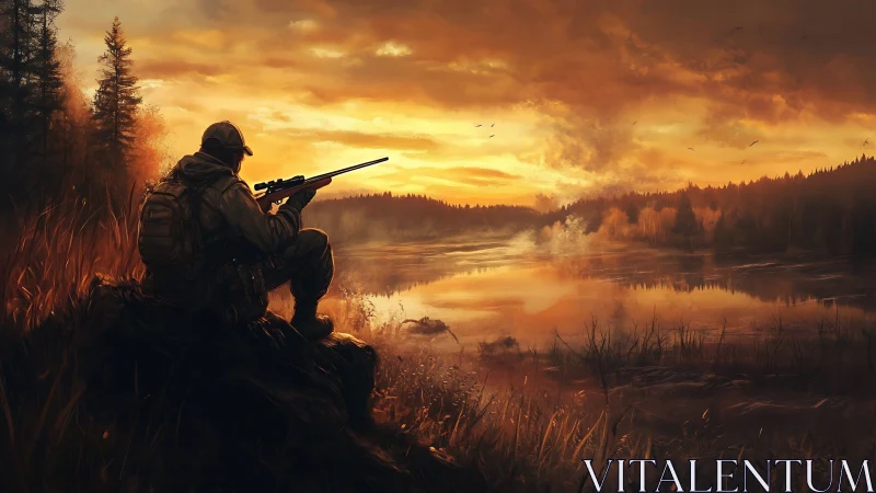 Hunter with rifle overlooking misty lake at sunset.