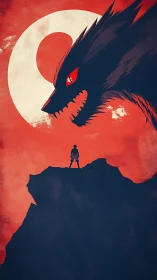 Lone warrior facing colossal wolf spirit under blood moon.