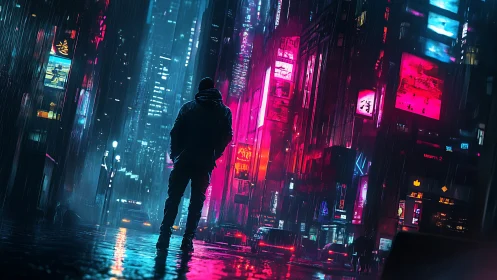Cyberpunk nocturnal streetscape with neon-lit lone figure staging.
