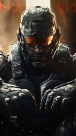 Armored futuristic soldier in helmet and visor, seated front view.