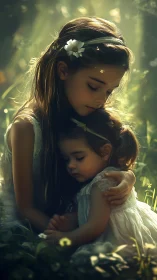 Forest sunbeams cradle two dreaming sisters in soft hush