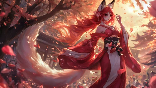 Fox-eared spirit in scarlet kimono amid falling blossoms.