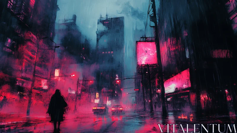 Rain-soaked cyberpunk avenue with neon haze and lone figure