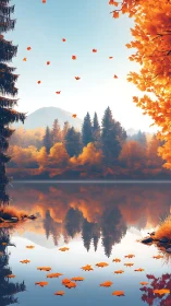 Autumn foliage and lake reflection under clear sky.