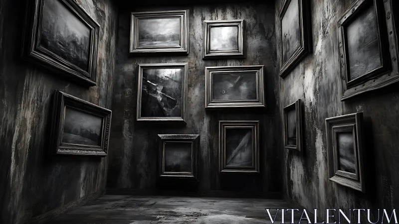 Monochrome corridor with framed landscape paintings displayed.