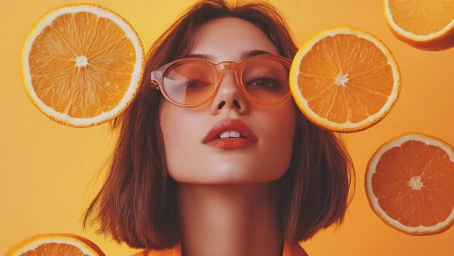 Stylized portrait of woman with floating orange slices in frame