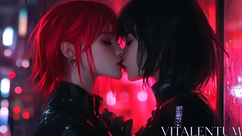 Neon city kiss beneath glowing rain-drenched windows.