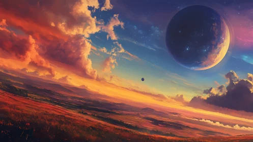 Digital landscape depicts tilted plain under large distant moon