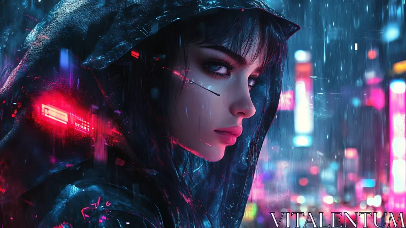 Neon-soaked cyberpunk heroine beneath rainlit megacity.