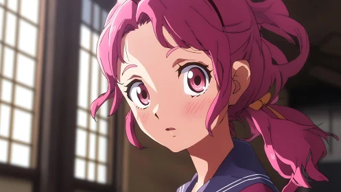 Pink haired schoolgirl portrait in warm classroom lighting.