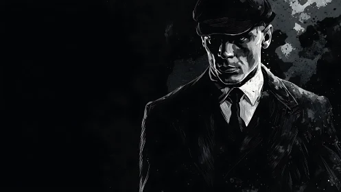 Brooding gentleman in shadowed suit steps from the darkness