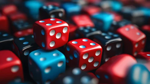 High-gloss colored dice rendered with shallow depth of field
