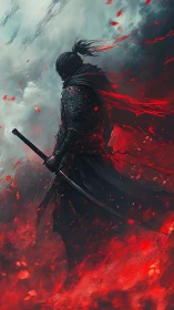 Lone crimson warrior strolling through a storm of embers.