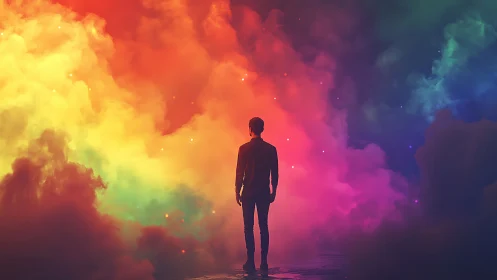 Silhouette walks into radiant multicolor nebula horizon.