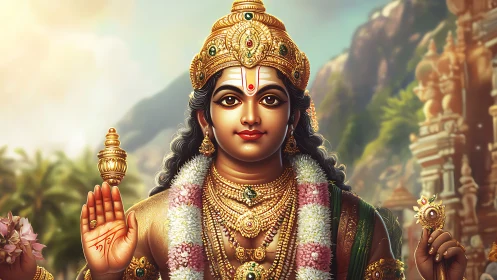Radiant Hindu deity offering blessing in lush temple scene.