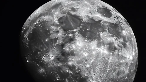 Detailed monochrome close-up of the Moon’s cratered surface.