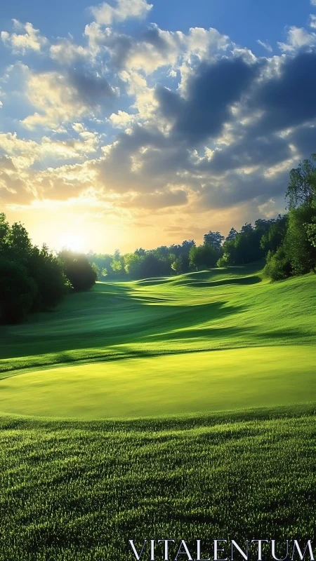 Sunlit golf course fairway under layered morning clouds.