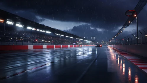 Night rain drenches a floodlit race track in tense silence