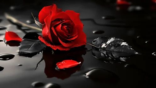Red rose on reflective dark surface with black foliage.
