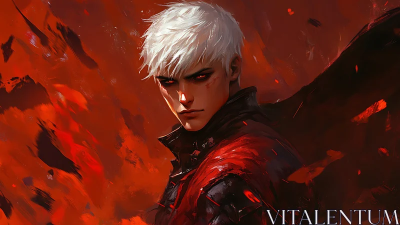 White haired male figure stares forward in red abstract haze