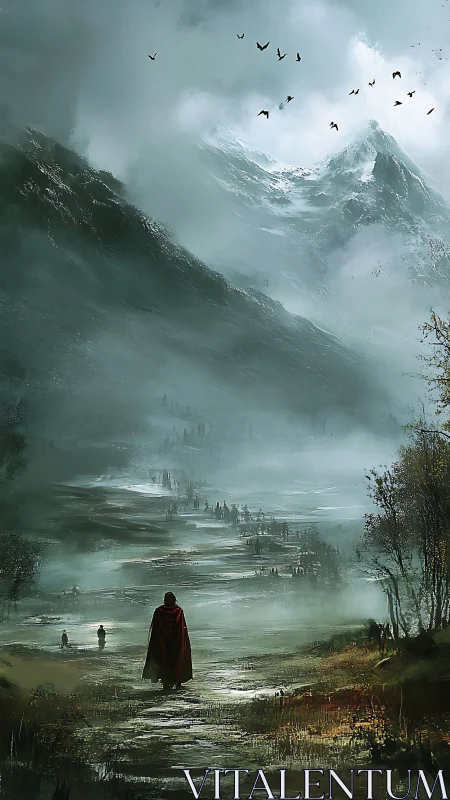 Cloaked figure traverses misty glacial valley under towering peaks