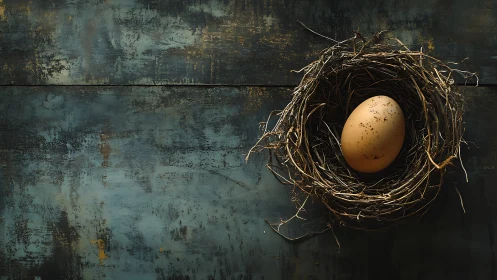 Single speckled egg rests in rough twig nest on wood panel