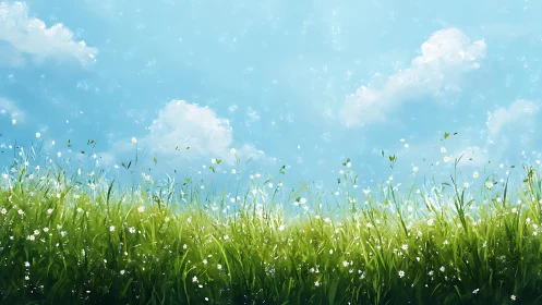 Sunlit wildflower meadow sways beneath soft spring clouds.