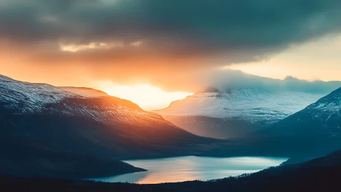 Sunrise cuts through glacial peaks above still alpine lake.