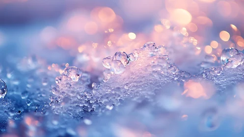 Macro bokeh study of melting ice granules in pastel light.