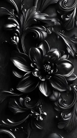 Ornate black floral relief with glossy metallic sheen detail.