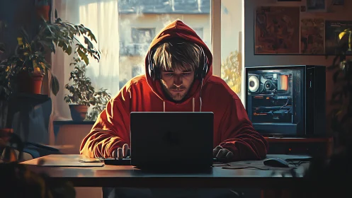 Hooded coder bends golden sunlight into late night focus