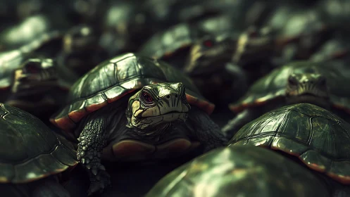 Curious turtle steps forward from a shimmering green crowd.