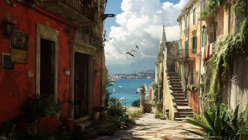 Sunlit seaside alleyway spilling gently toward the harbor.