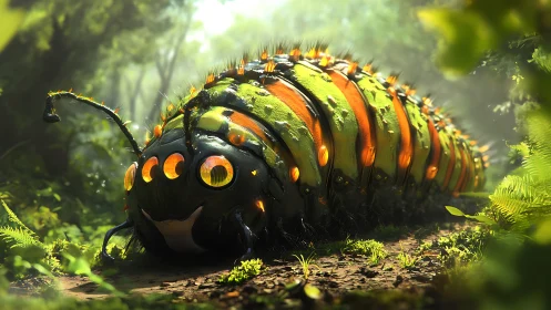 Giant bioluminescent caterpillar creature in lush forest.