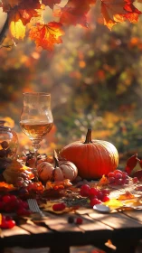 Golden autumn banquet glows with pumpkins, wine, and light.
