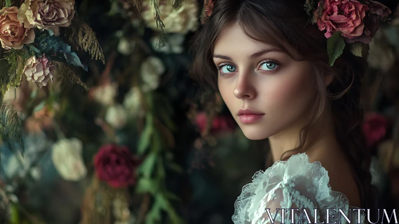 Romantic floral portrait with ethereal teal-eyed subject.