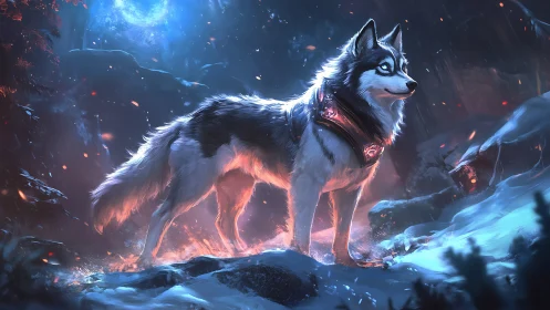 Luminous spirit wolf guards enchanted winter forest. Period.