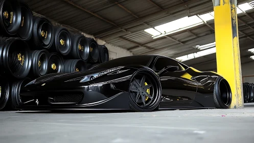 Low-slung black sports car parked in industrial tire warehouse