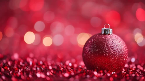 Sparkling red Christmas bauble amid festive bokeh glow.