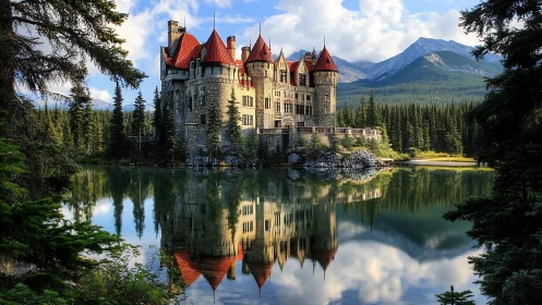 Lakeside stone castle with red turrets mirrored in mountainscape.