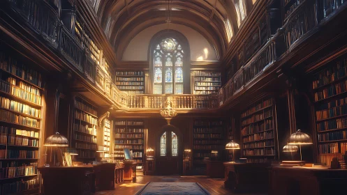 Digital painting of vaulted neo-gothic library interior space.
