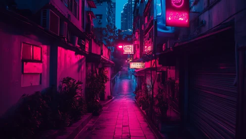 Neon-soaked alleyway hums softly under midnight magenta rain