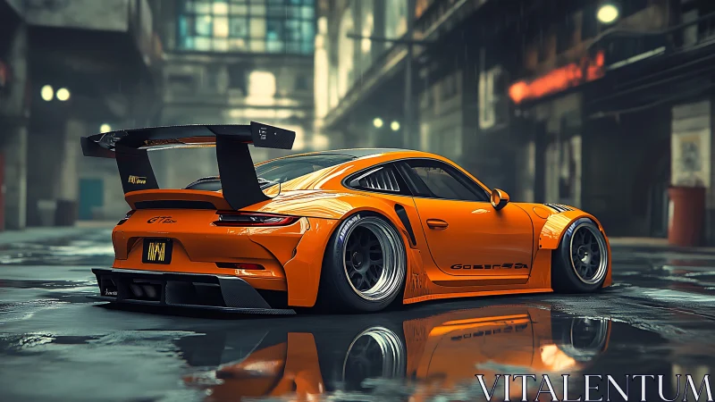 Orange widebody sports car in wet urban alley at night.