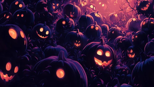 Glowing jack-o&rsquo;-lantern field under eerie violet twilight.