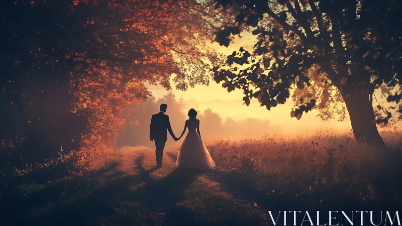 Silhouetted wedding couple walks through golden backlit forest