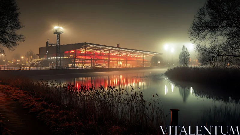 Fog-diffused riverside arena with red-luminous curtain walls.